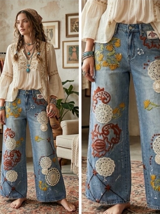 Oli & Hali Denim - Oli & Hali Blue Denim Wide Leg Jeans with White Crochet & Mustard Embroidery
